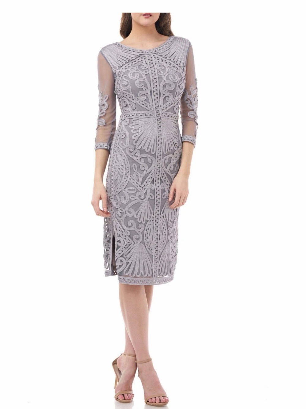 NWT JS Collections Lace-Embroidered Sheath Dress in Gray S